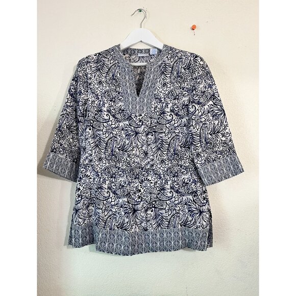 Sigrid Olsen Womens Linen White Blue Floral Tunic Top Small 3/4 Sleeves Casual - Picture 1 of 10